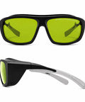 Game Changers Multi Wavelength Laser Safety Glasses Built Tough For Pro Hair Removal And Tattoo Parlors Rocking Legit IPL Eyewear Shields Across UV Infrared And Laser Sources, black and green eyewear viewed from two angles.