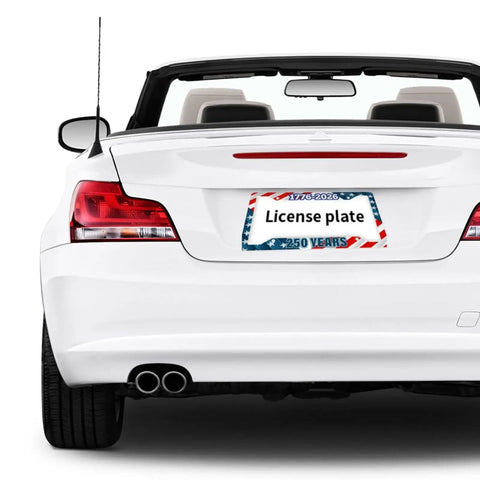 Car displaying Two Pack Patriotic License Plate Frames For The 250th Anniversary Stars And Stripes Aluminum Plate Holder.
