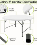 5 Foot Round Folding Table With Carrying Handle White Portable Plastic Table For Parties Dining Weddings Camping Picnics And Indoor Outdoor Events That Folds In Half For Easy Storage And Grab And Go Transport