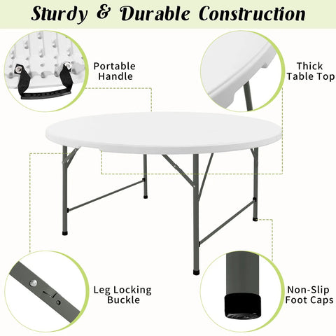 5 Foot Round Folding Table With Carrying Handle White Portable Plastic Table For Parties Dining Weddings Camping Picnics And Indoor Outdoor Events That Folds In Half For Easy Storage And Grab And Go Transport
