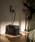 On The Go Portable Solar Generator 120V 3.6kWh Delta Pro indoors, connected, showing 3600W power station next to a potted plant