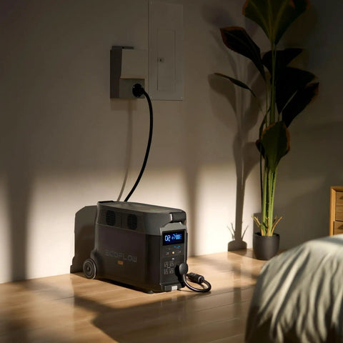 On The Go Portable Solar Generator 120V 3.6kWh Delta Pro indoors, connected, showing 3600W power station next to a potted plant