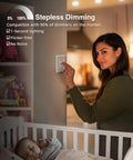Woman using step dimming switch in dimly lit room with sleeping baby in crib, showcasing modern dimming technology.