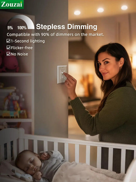 Woman using step dimming switch in dimly lit room with sleeping baby in crib, showcasing modern dimming technology.