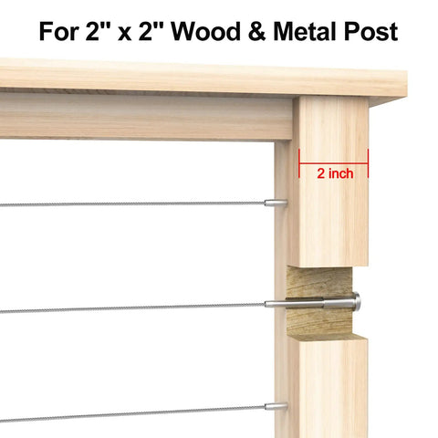 50 Pack Invisible Cable Railing Kit With One Eighth Inch T316 Stainless Steel Receiver And Swage Stud End For Cable Railing Tensioner For Wood Or Metal Posts DIY Deck Railing Hardware, installed on 2x2 wood post.