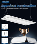 300W LED Linear High Bay Shop Lights 4 Pack Pro Grade Ultra Bright 45000LM Dimmable 0 To 10V 5000K Daylight Adjustable High Bay Lighting For Garage Warehouse Workshop UL Listed, showing single light hung with adjustable chain next to trophy.