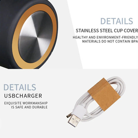 Close-up of stainless steel cup cover and USB charger for Slick Portable Hydrogen Rich Water Bottle Generator.