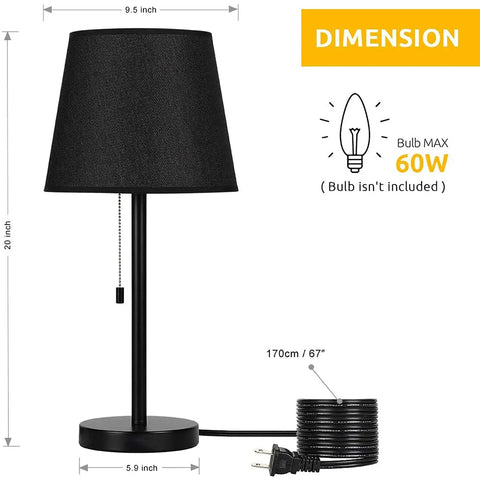 Modern Black Bedside Lamps Two Pack for Bedroom and Living Room With Pull Chain Switch, 20 x 9.5 x 5.9 inch dimensions