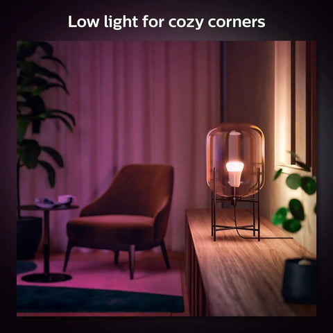 Smart 60W A19 Color Changing LED Bulb for Home Lighting in a cozy corner with low light ambiance in a glass lamp.