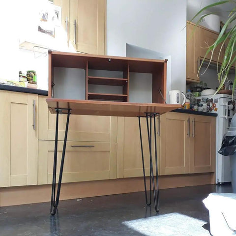 20 Inch Hairpin Table Leg Set With Half Inch Diameter Three Rods Black Mid Century Metal Furniture Feet Installed on Desk