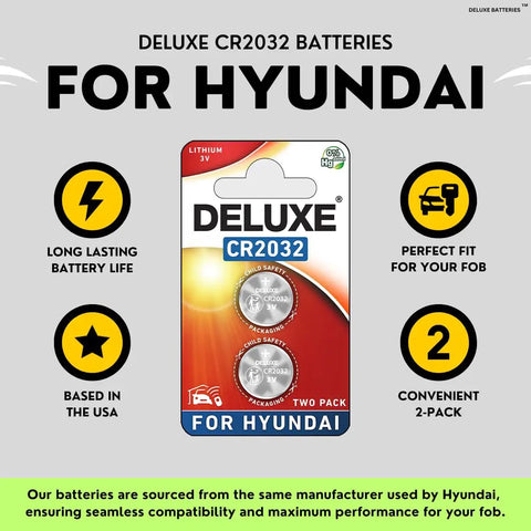 Hyundai Key Fob Replacement Batteries Pack Of 2 For Remote Fobs, Deluxe CR2032, Long Lasting, Fits A Wide Range Of Hyundai Models