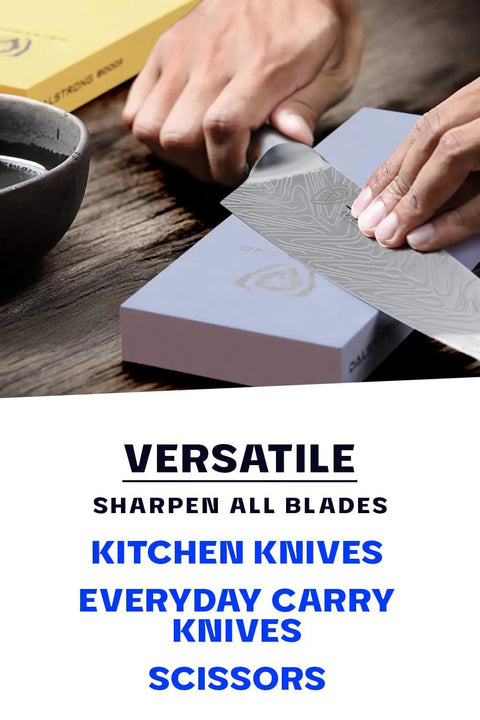 Hands sharpening knife on Premium Whetstone Kit With 3000 And 8000 Grit, Extra Large Stones, Top Notch Corundum