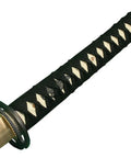 Close-up of tsuka with Musashi ring tsuba on unsharpened carbon steel iaito practice katana sword, full tang blade, 41 inch length