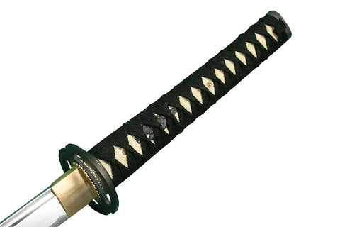 Close-up of tsuka with Musashi ring tsuba on unsharpened carbon steel iaito practice katana sword, full tang blade, 41 inch length