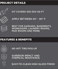 Project details and features of Pro Grade Polycuramine Garage Floor Coating With Drop Dead Slick High Gloss Black Finish