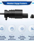 Front view Windshield Washer Motor Pump Replacement for Audi, BMW, Mercedes, VW, Porsche with features text