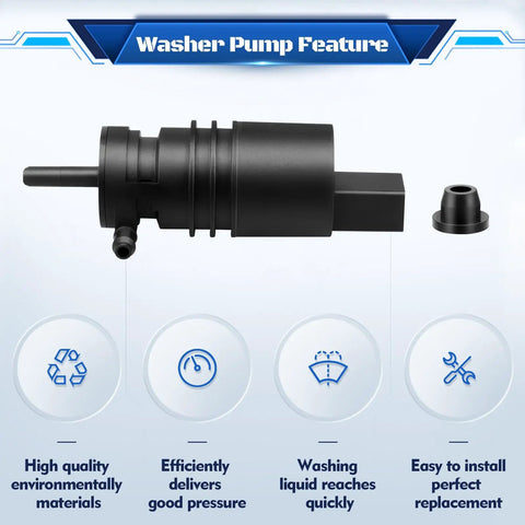 Front view Windshield Washer Motor Pump Replacement for Audi, BMW, Mercedes, VW, Porsche with features text