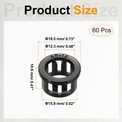 60 Pack Nylon Wire Grommets for Cables and Hoses, Easy Install With 15.8mm Mounting Hole, dimensions shown