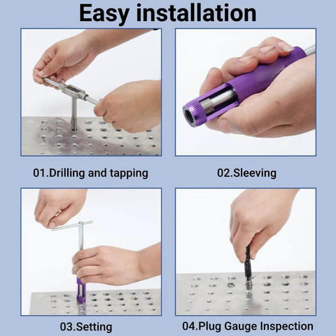 Steps showing use of 100 Pcs M4 Stainless Steel Helicoil Thread Repair Inserts Kit For Stripped Aluminum Engine Block Threads.