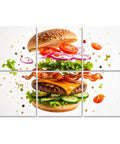 Six Panel Acoustic Wall Pads Featuring Hamburger And Explosion Prints Peel And Stick Sound Absorbing Foam Tiles Perfect For Decking Out Your Gamer Pad And Crushing Echoes, showing a floating hamburger with layers.
