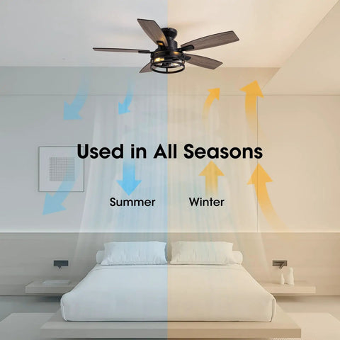46 Inch Ceiling Fan With Lights And Remote Control, Matte Black Flush Mount Ceiling Fan Above Bed in Modern Bedroom