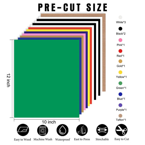 HTV Heat Transfer Vinyl Bundle For T Shirts 10x12 Inch Sheets 12 Pack In 9 Assorted Colors Ideal For Cricut Silhouette Cameo And Heat Press Machines Includes Teflon Sheet For Easy Iron On, showing layered color sheets and features.