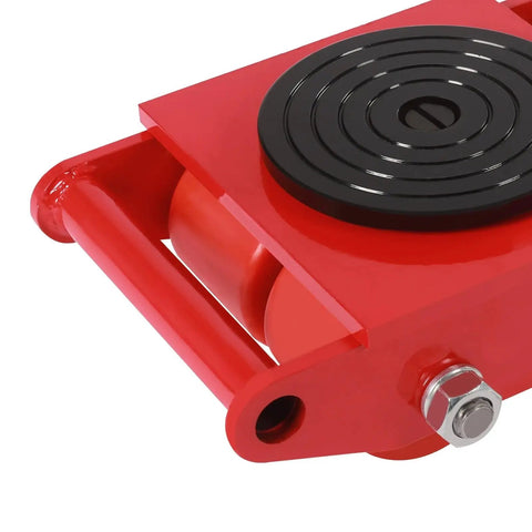 Four Pack Heavy Duty Machinery Rollers With Thirteen Thousand Two Hundred Lb Capacity showing red roller skate detail for smooth movement.