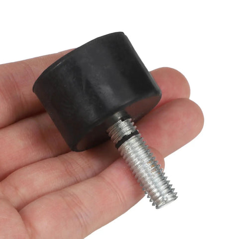 Close-up of one adjustable rubber foot leveler with iron threaded stud for Set Of 4 Adjustable Rubber Foot Levelers With Iron Threaded Studs Anti Slip Furniture Leg Glides For Tables Chairs Beds And More Leveling Feet To Reduce Vibration At Home And Office held in hand.