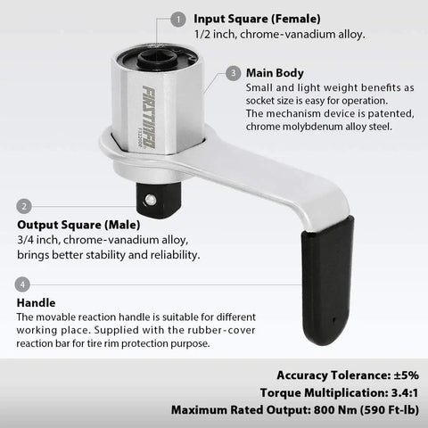 800 Nm Manual Torque Multiplier Tool With 3.4 To 1 Ratio showing input and output square, chrome-vanadium alloy, handle features