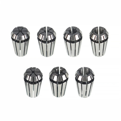 ER11 Spring Collet Set for CNC Milling and Engraving 1 16th Inch to 1 Quarter Inch Carbon Steel 7 Pack displayed.