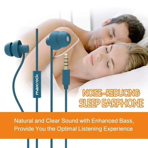Ultra Soft Sleep Earplugs With Noise Isolation shown beside sleeping couple, lightweight blue silicone for side sleepers, meditation, and air travel.