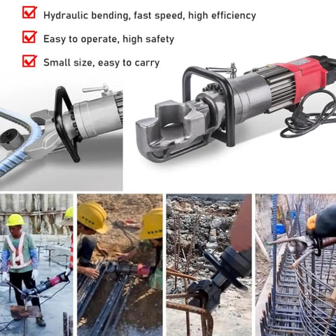 Portable Electric Rebar Bender Hydraulic Bending Machine For Reinforcing Bar Up To 25mm With Brushless Motor and positioning bolt, images showing operational use in construction.