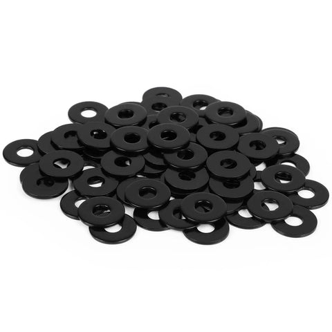 50 Piece M6 X 12mm Flat Washers Black Coated 304 Stainless Steel Heavy Duty Corrosion Resistant stacked on white surface.