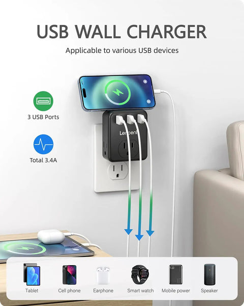 Power Up Your Setup With A Three Outlet Wall Tap And Three USB Ports Multi Plug Extender For Home Office Dorm Hotel Cruise Ship