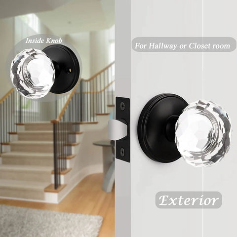 Crystal Glass Door Knob Set For Hallways And Closets, Keyless Non Locking Clear Door Handles With Black Heavy Duty Rosettes