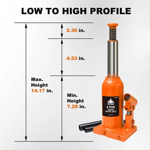 6 Ton Hydraulic Bottle Jack For Auto And Truck Repair Heavy Duty Workhorse With Adjustable Height From 7.28 To 14.17 Inches 12000 Lb Capacity Lightweight 7.94 Lb Safety Oil Bypass Orange Finish