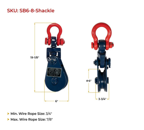 8 Ton Snatch Block With Shackle Crane 6 Inch Sheave For Three Quarter To Seven Eighth Inch Wire Rope Tow Axle Lift Truck
