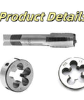 M16 X 1.5 and M14 X 1.5 Tap and Die Set for Metric Threads, showing tap and round dies for thread repair.