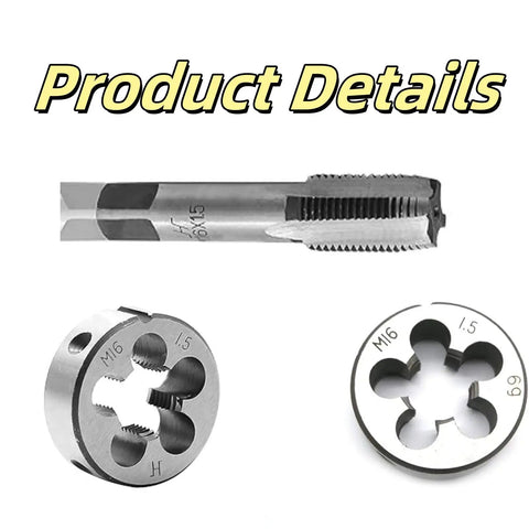 M16 X 1.5 and M14 X 1.5 Tap and Die Set for Metric Threads, showing tap and round dies for thread repair.