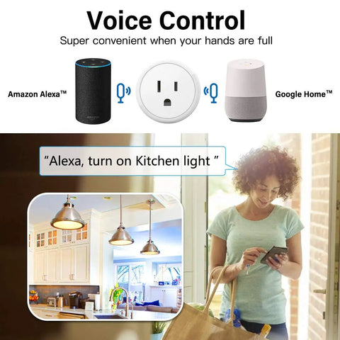 Woman using Four Pack Bluetooth and WiFi Smart Plugs for Smart Home, Plug and Play Remote Control of Lights and Devices from Anywhere