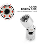 Built Tough 19 Piece Quarter Inch Drive Universal Joint Socket Set With Flex Wobble Sockets For Tight Spots Metric Five To Fifteen Millimeter And SAE Three Sixteenths To Nine Sixteenths Six Point Chrome Vanadium 12mm universal joint socket, 6-point grip