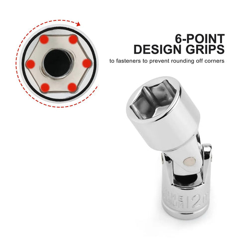Built Tough 19 Piece Quarter Inch Drive Universal Joint Socket Set With Flex Wobble Sockets For Tight Spots Metric Five To Fifteen Millimeter And SAE Three Sixteenths To Nine Sixteenths Six Point Chrome Vanadium 12mm universal joint socket, 6-point grip