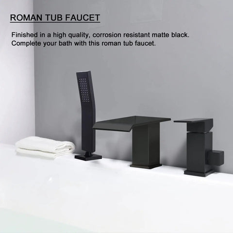 Roman Tub Faucet Deck Mount Waterfall Tub Faucet Matte Black With Hand Shower Sprayer Three Hole Set Includes Hot And Cold Hoses And Hardware For No Fuss Easy Install Out Of The Box