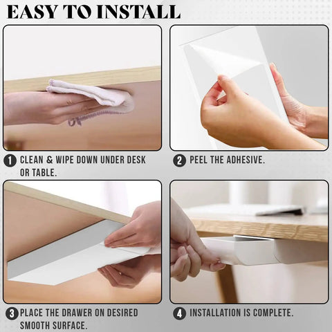 Installation steps for Under Desk Drawer Organizer 2 Pack With Slide Out Storage For Pens Cables And Office Accessories No Drill Adhesive Mount