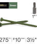 3-1/2 Inch Epoxy Coated Exterior Wood And Fence Screws Size Ten Torx Star Drive Included. Green screws with 1-inch bit.