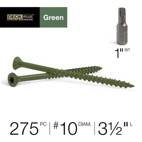 3-1/2 Inch Epoxy Coated Exterior Wood And Fence Screws Size Ten Torx Star Drive Included. Green screws with 1-inch bit.