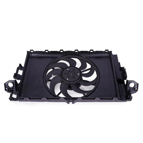 Knockout Direct Swap Tesla Model 3 Radiator Cooling Fan Assembly with Brushless Motor, black plastic, direct fit for 2017-2021 models.