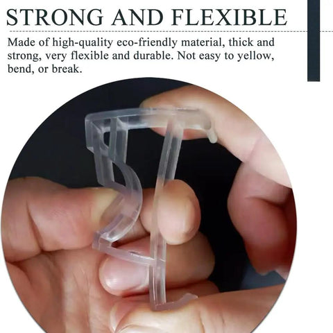 Heavy Duty 2 Inch Clear Blind Valance Clips For Wood Or Faux Wood Horizontal Blinds, close-up in hand, showing strong, flexible design.