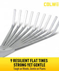 Close-up of 9 resilient flat tines on hand rake, designed for tight spots and flower beds, by Colwelt, showing strong yet gentle design.