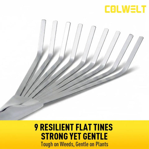 Close-up of 9 resilient flat tines on hand rake, designed for tight spots and flower beds, by Colwelt, showing strong yet gentle design.